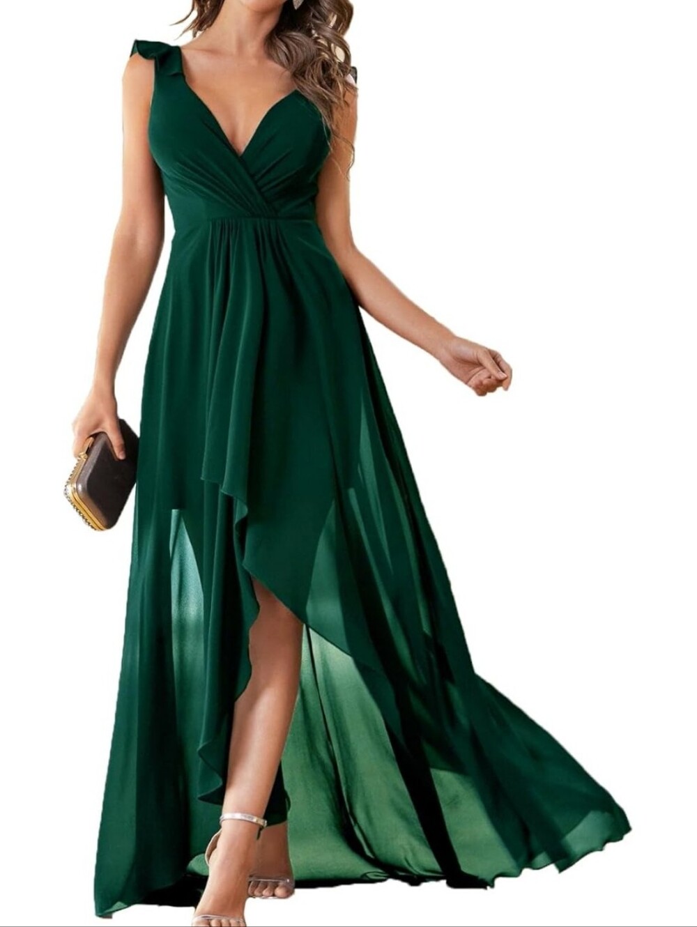 Elegant Dark Green V-Neck Chiffon Maxi Dress